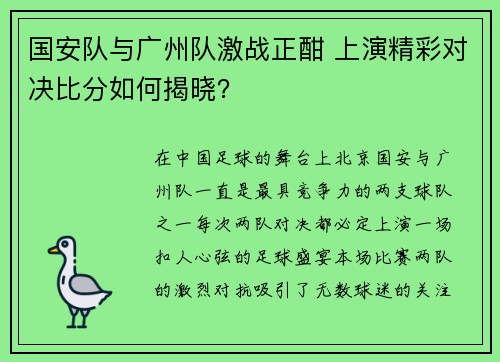 国安队与广州队激战正酣 上演精彩对决比分如何揭晓？